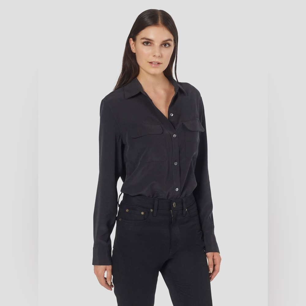 Equipment Black Long-Sleeve Button Front Silk Shirt